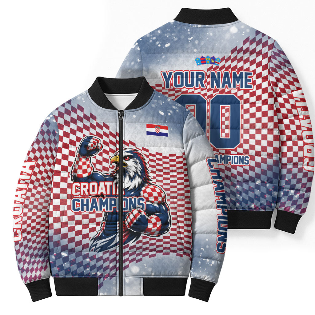 Personalized Croatia Football Eagle Mascot Bomber Puffer Jacket Checkerboard Pattern - Accent Splatters