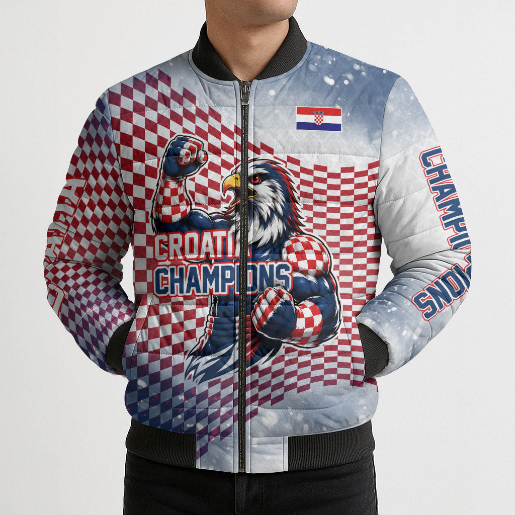 Personalized Croatia Football Eagle Mascot Bomber Puffer Jacket Checkerboard Pattern - Accent Splatters