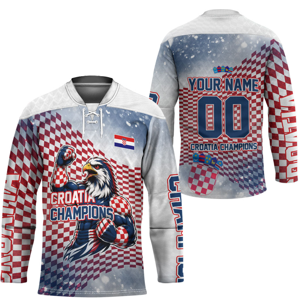 Personalized Croatia Football Eagle Mascot Hockey Jersey Checkerboard Pattern - Accent Splatters
