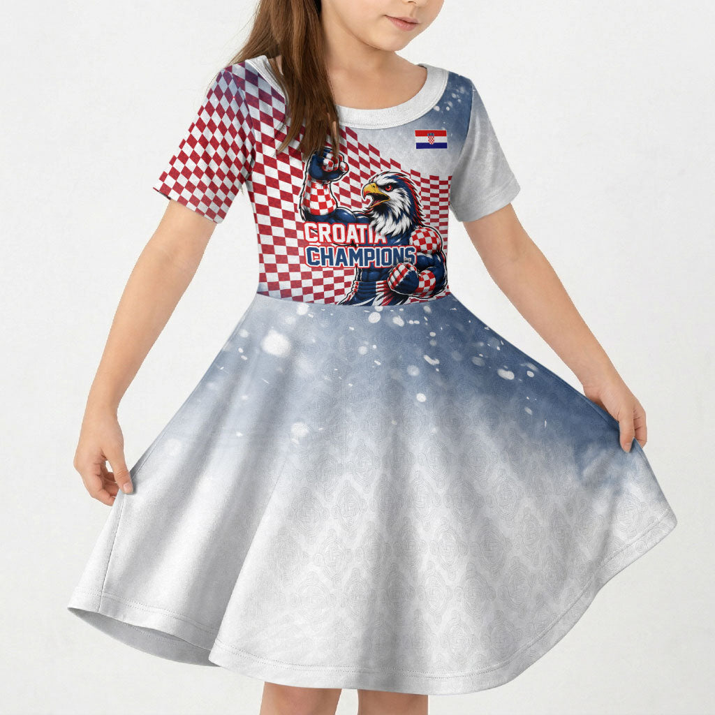 Personalized Croatia Football Eagle Mascot Kid Short Sleeve Dress Checkerboard Pattern - Accent Splatters