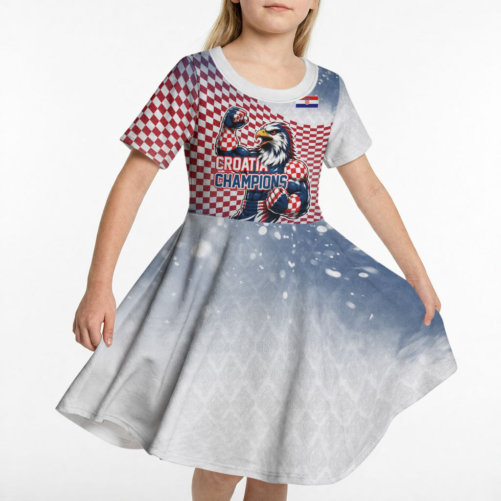 Personalized Croatia Football Eagle Mascot Kid Short Sleeve Dress Checkerboard Pattern - Accent Splatters