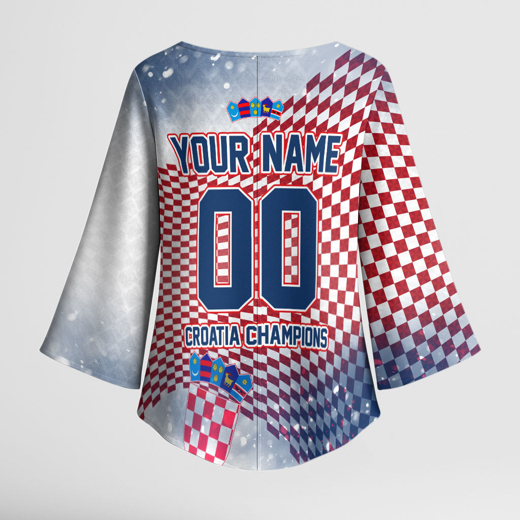 Personalized Croatia Football Eagle Mascot Kimono Sleeve Blouse Checkerboard Pattern - Accent Splatters