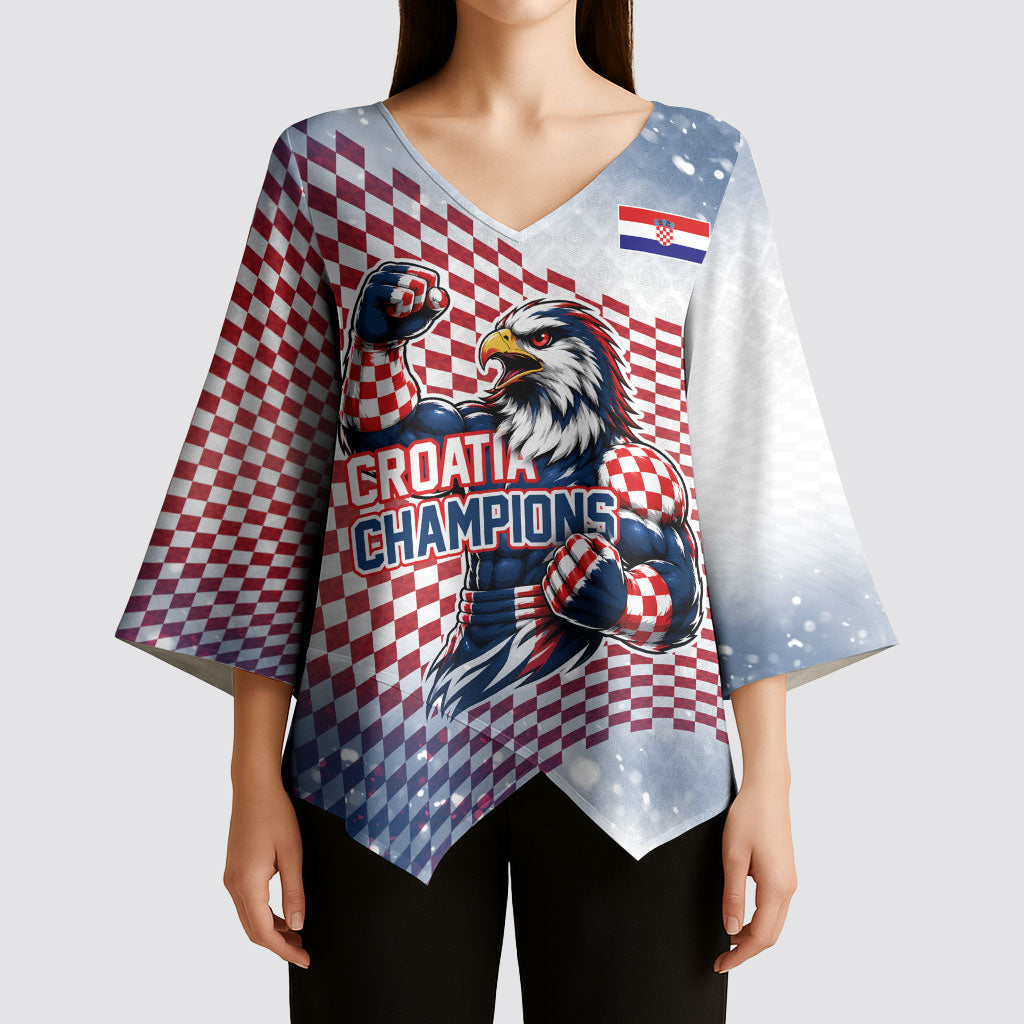 Personalized Croatia Football Eagle Mascot Kimono Sleeve Blouse Checkerboard Pattern - Accent Splatters