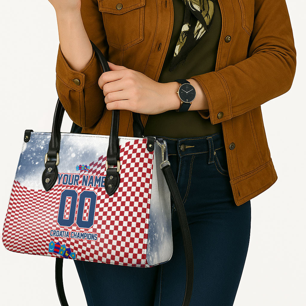 Personalized Croatia Football Eagle Mascot Leather Bag Checkerboard Pattern - Accent Splatters