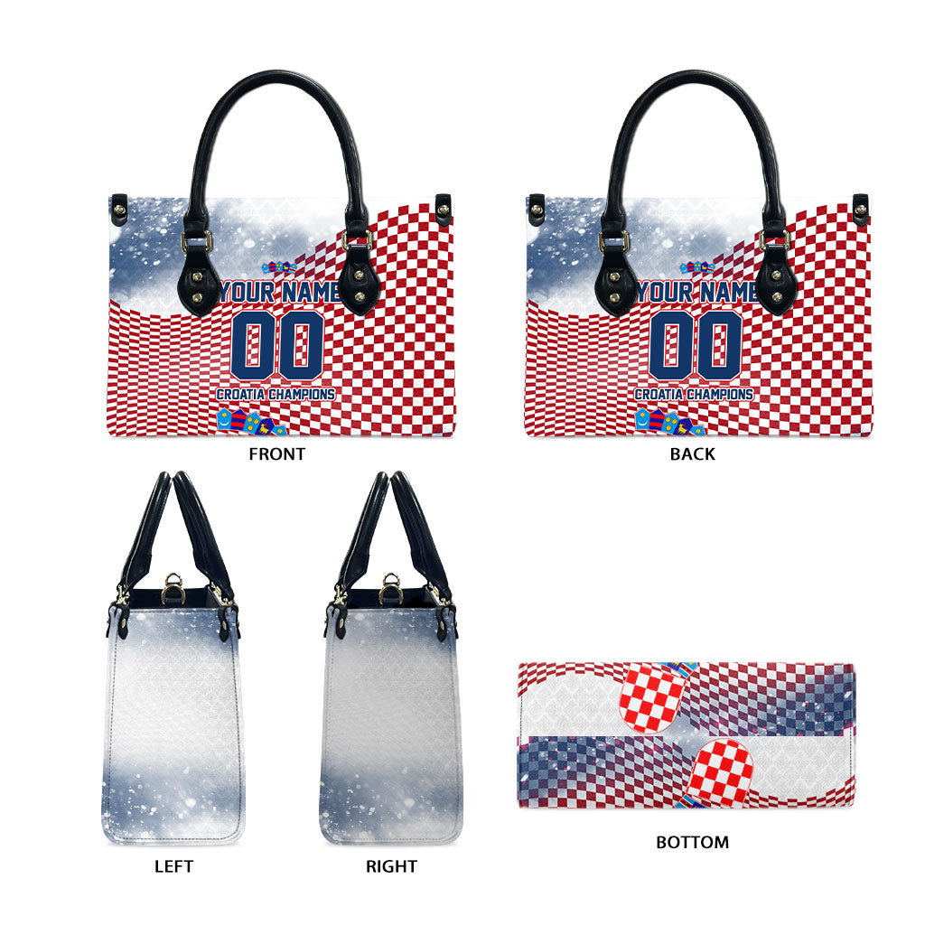 Personalized Croatia Football Eagle Mascot Leather Bag Checkerboard Pattern - Accent Splatters