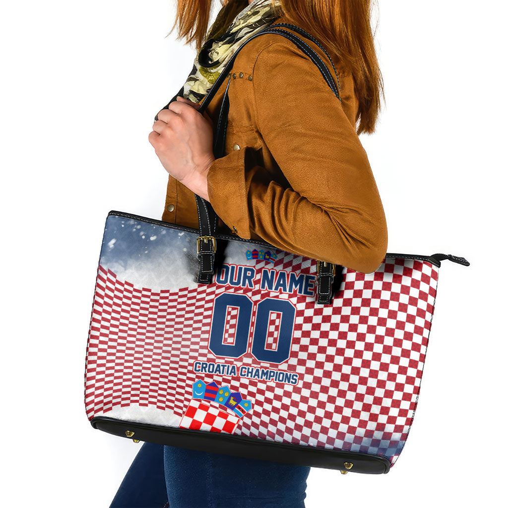 Personalized Croatia Football Eagle Mascot Leather Tote Bag Checkerboard Pattern - Accent Splatters