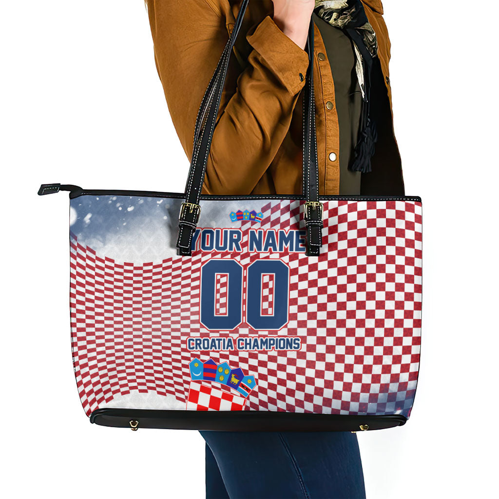 Personalized Croatia Football Eagle Mascot Leather Tote Bag Checkerboard Pattern - Accent Splatters