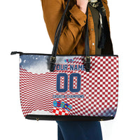 Personalized Croatia Football Eagle Mascot Leather Tote Bag Checkerboard Pattern - Accent Splatters
