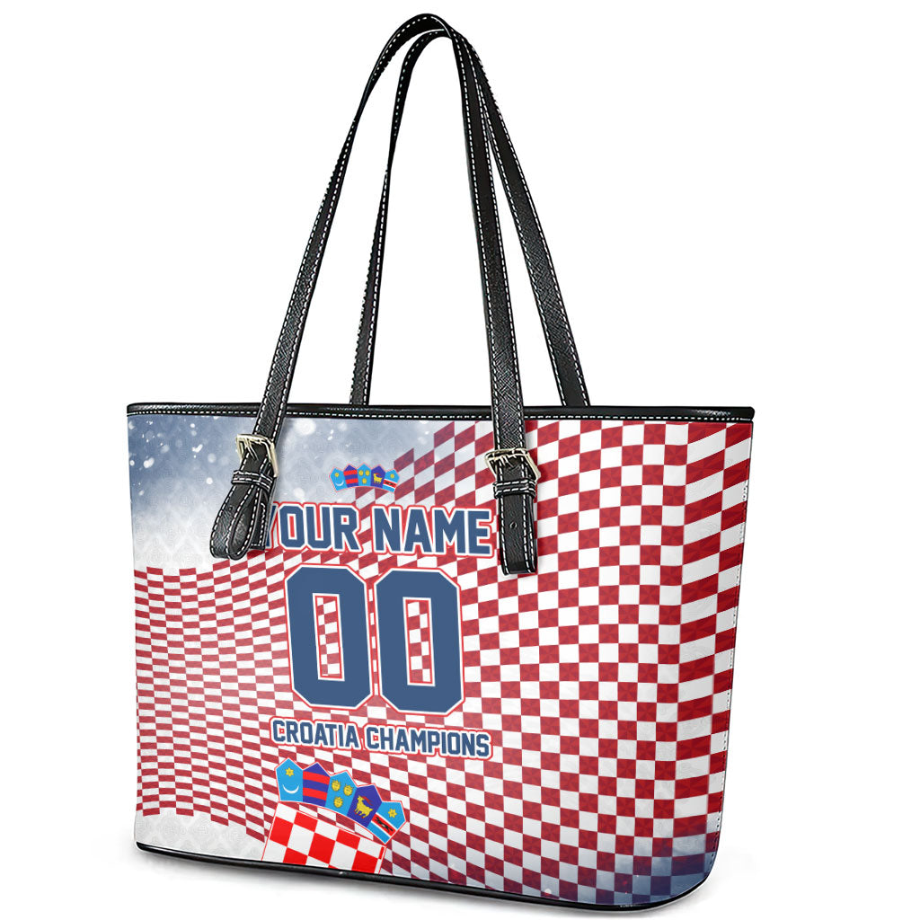 Personalized Croatia Football Eagle Mascot Leather Tote Bag Checkerboard Pattern - Accent Splatters