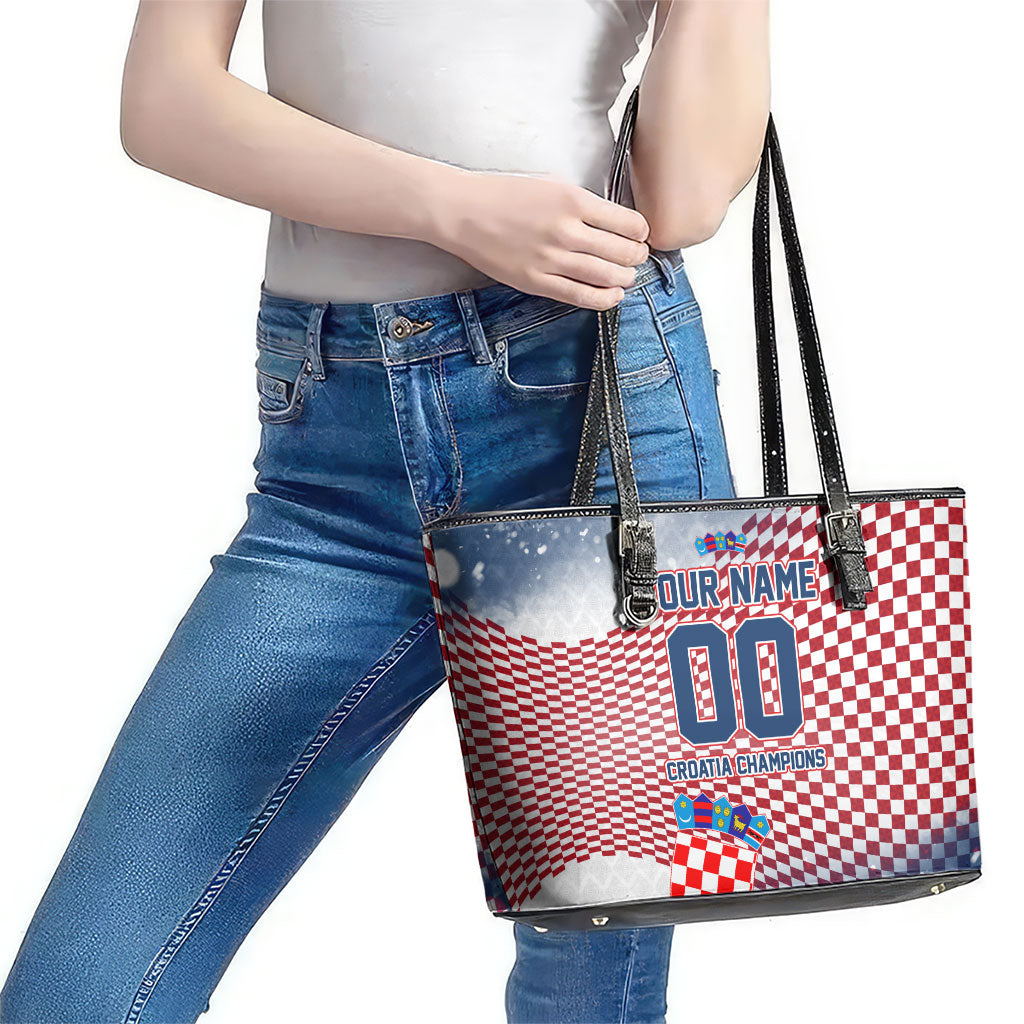 Personalized Croatia Football Eagle Mascot Leather Tote Bag Checkerboard Pattern - Accent Splatters