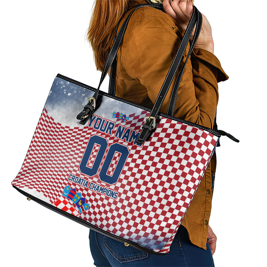 Personalized Croatia Football Eagle Mascot Leather Tote Bag Checkerboard Pattern - Accent Splatters