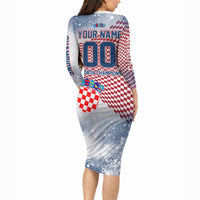 Personalized Croatia Football Eagle Mascot Long Sleeve Bodycon Dress Checkerboard Pattern - Accent Splatters