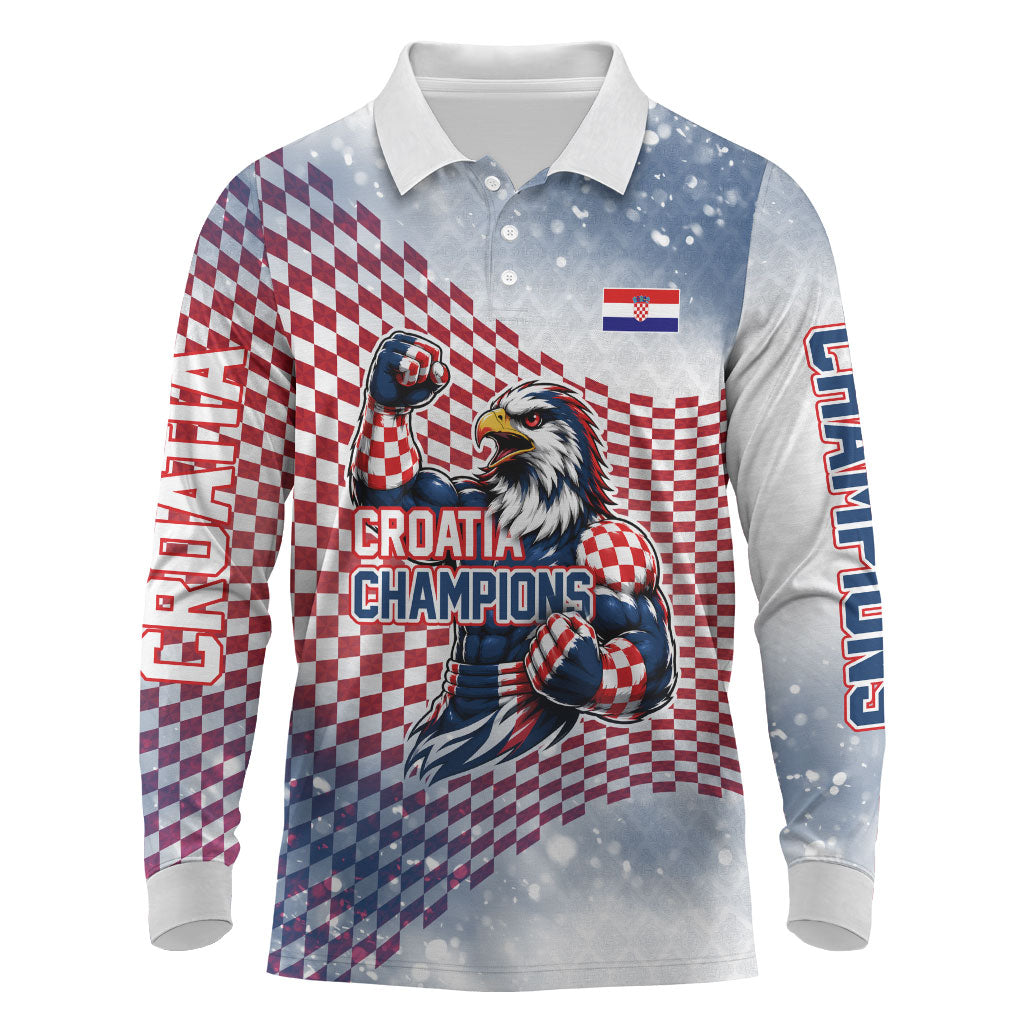 Personalized Croatia Football Eagle Mascot Long Sleeve Polo Shirt Checkerboard Pattern - Accent Splatters