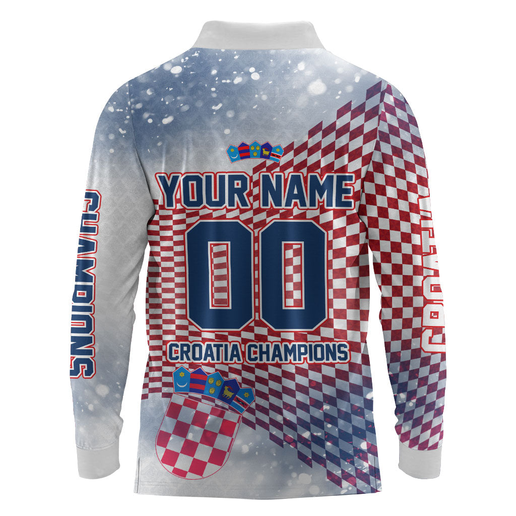 Personalized Croatia Football Eagle Mascot Long Sleeve Polo Shirt Checkerboard Pattern - Accent Splatters