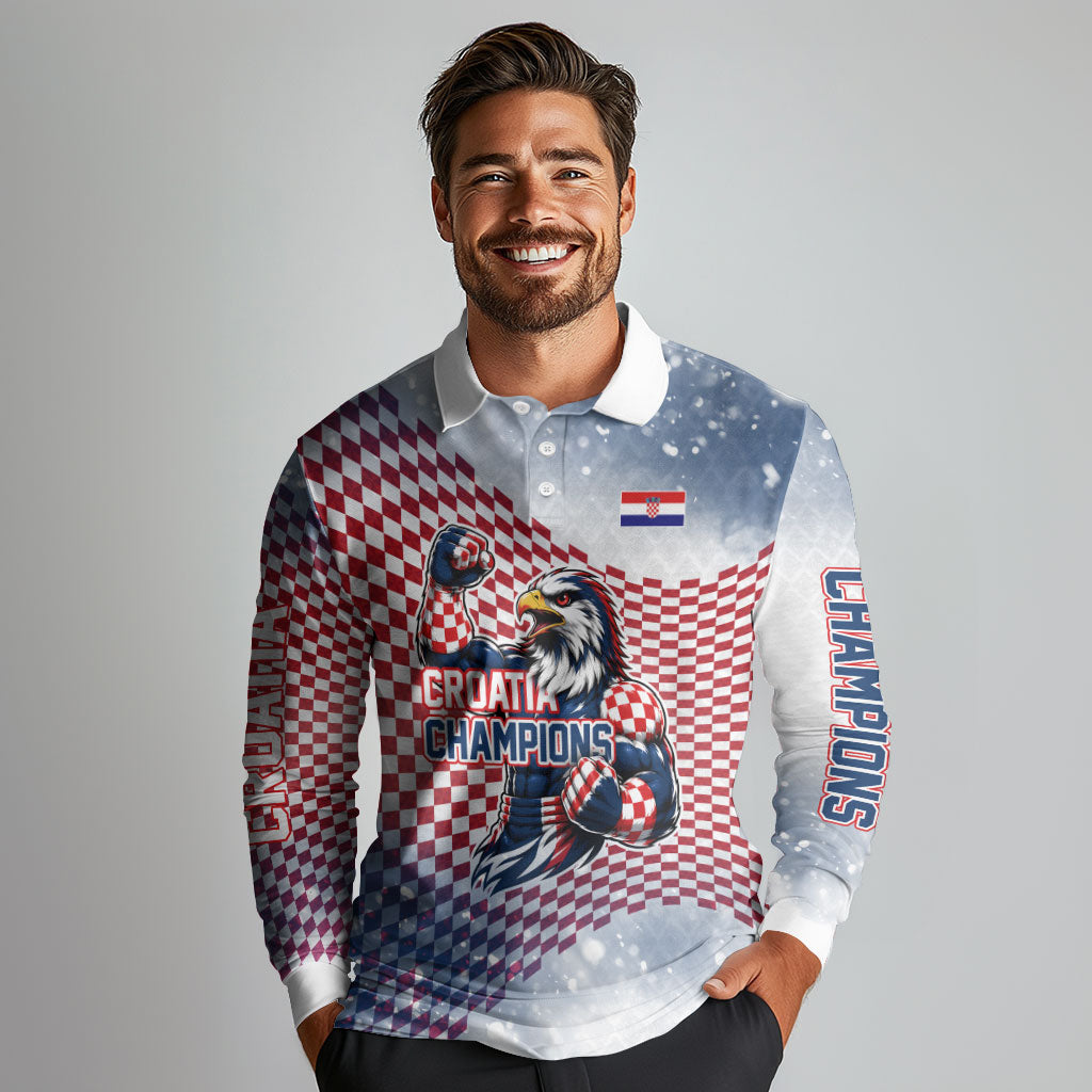 Personalized Croatia Football Eagle Mascot Long Sleeve Polo Shirt Checkerboard Pattern - Accent Splatters