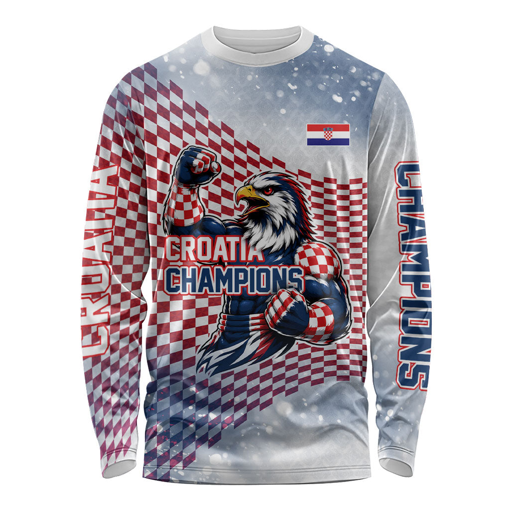 Personalized Croatia Football Eagle Mascot Long Sleeve Shirt Checkerboard Pattern - Accent Splatters