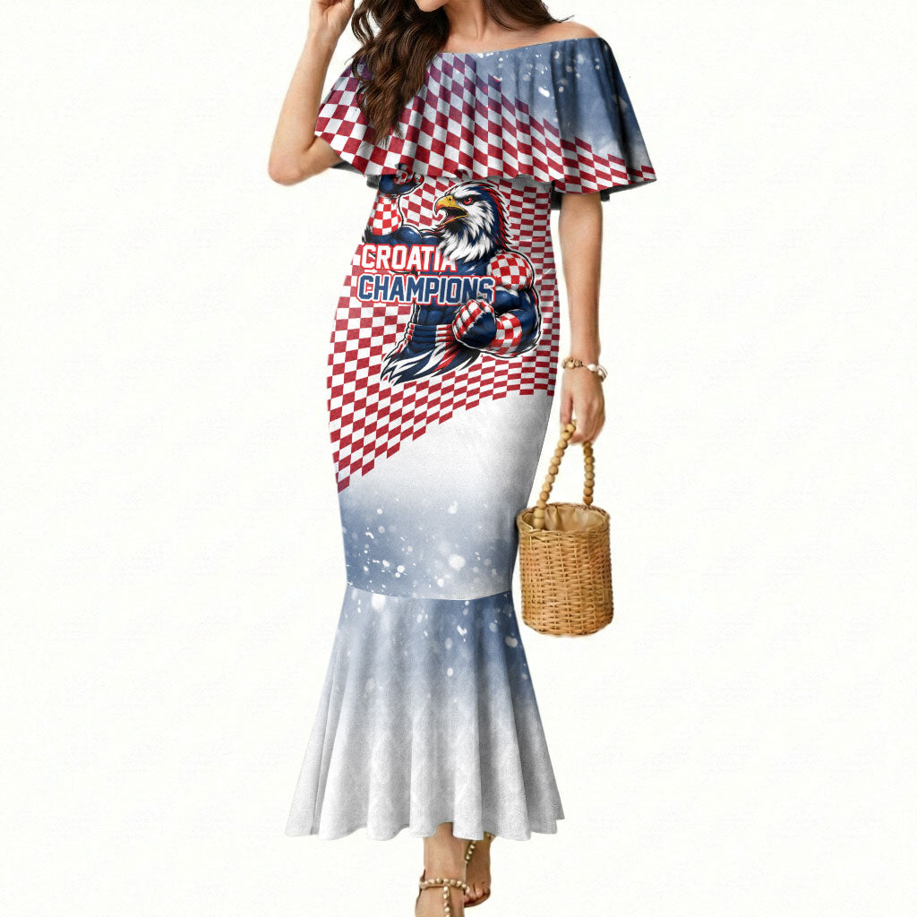 Personalized Croatia Football Eagle Mascot Mermaid Dress Checkerboard Pattern - Accent Splatters
