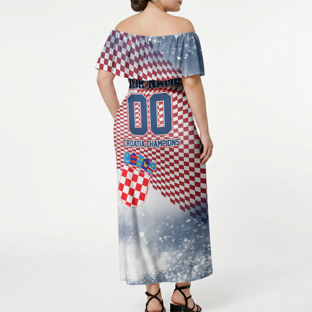 Personalized Croatia Football Eagle Mascot Off Shoulder Maxi Dress Checkerboard Pattern - Accent Splatters