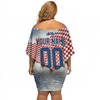 Personalized Croatia Football Eagle Mascot Off Shoulder Short Dress Checkerboard Pattern - Accent Splatters