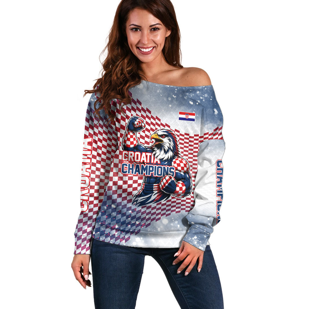 Personalized Croatia Football Eagle Mascot Off Shoulder Sweater Checkerboard Pattern - Accent Splatters