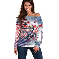 Personalized Croatia Football Eagle Mascot Off Shoulder Sweater Checkerboard Pattern - Accent Splatters