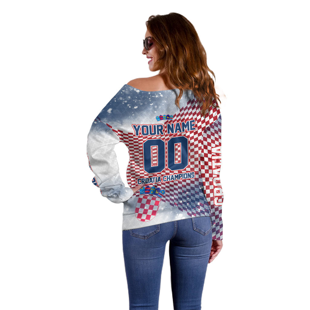 Personalized Croatia Football Eagle Mascot Off Shoulder Sweater Checkerboard Pattern - Accent Splatters