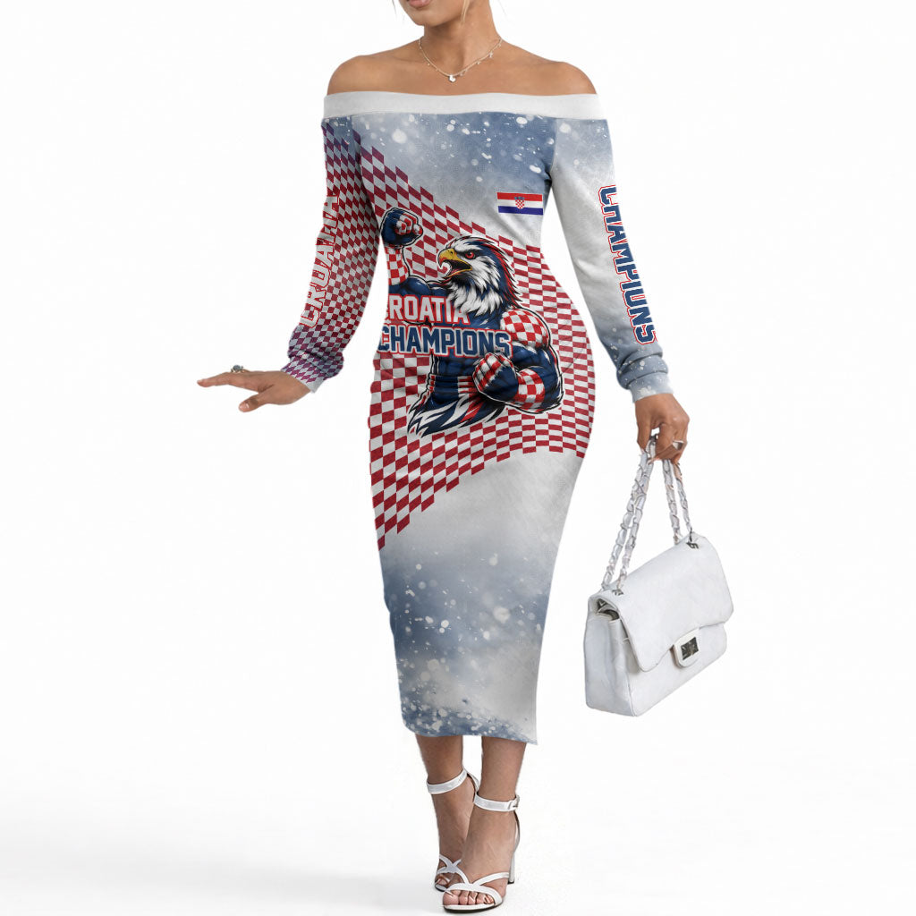 Personalized Croatia Football Eagle Mascot Off The Shoulder Long Sleeve Dress Checkerboard Pattern - Accent Splatters