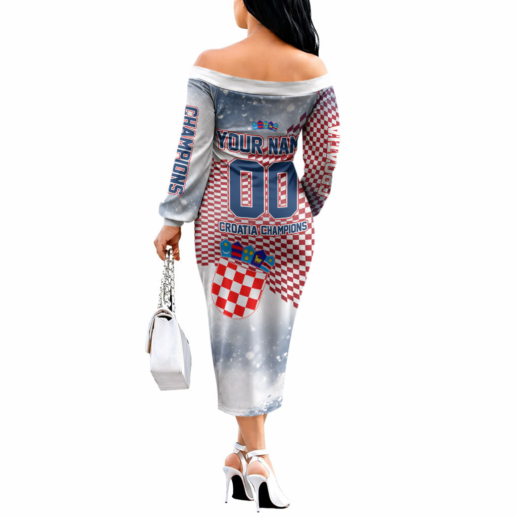 Personalized Croatia Football Eagle Mascot Off The Shoulder Long Sleeve Dress Checkerboard Pattern - Accent Splatters
