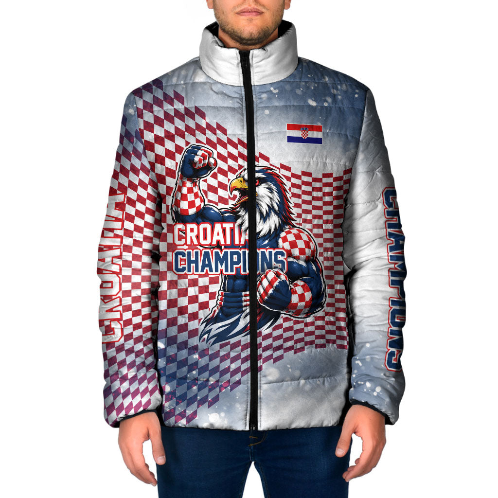 Personalized Croatia Football Eagle Mascot Padded Jacket Checkerboard Pattern - Accent Splatters