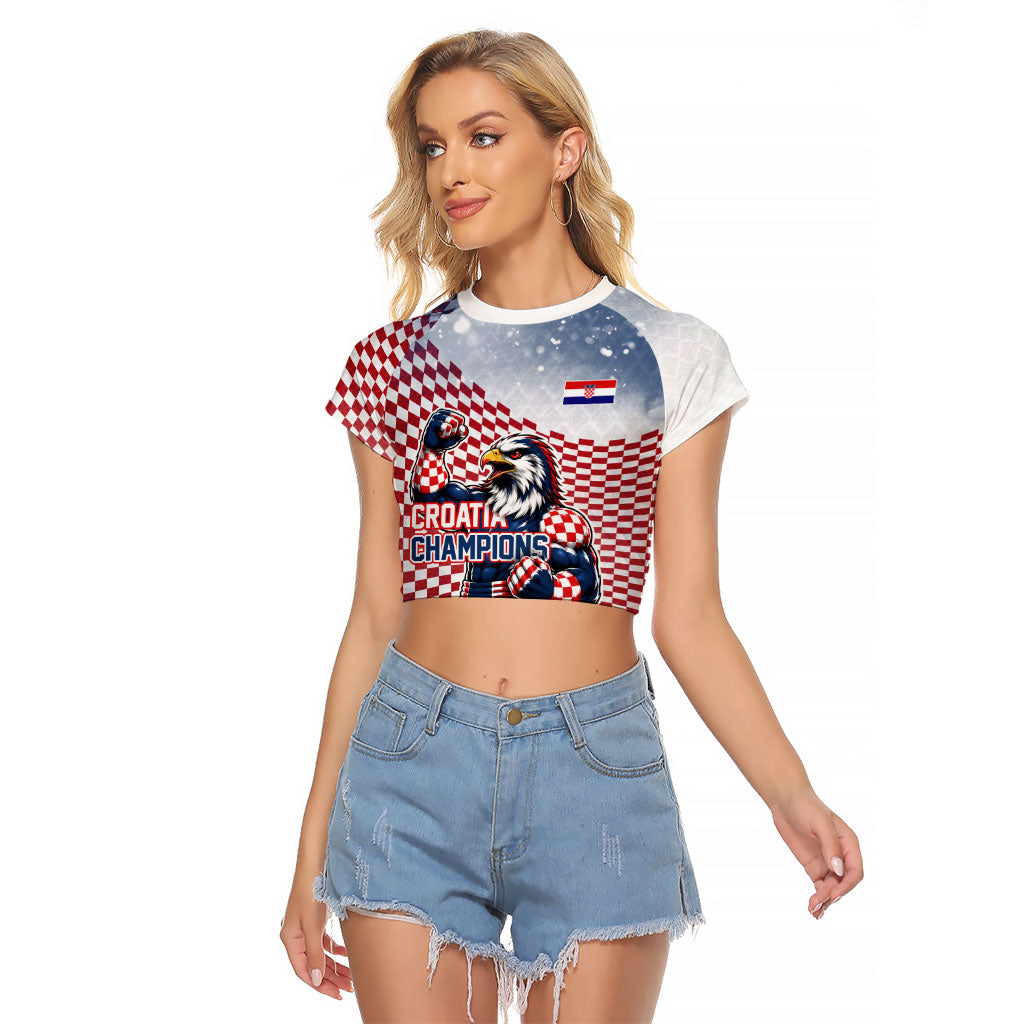 Personalized Croatia Football Eagle Mascot Raglan Cropped T Shirt Checkerboard Pattern - Accent Splatters
