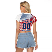 Personalized Croatia Football Eagle Mascot Raglan Cropped T Shirt Checkerboard Pattern - Accent Splatters