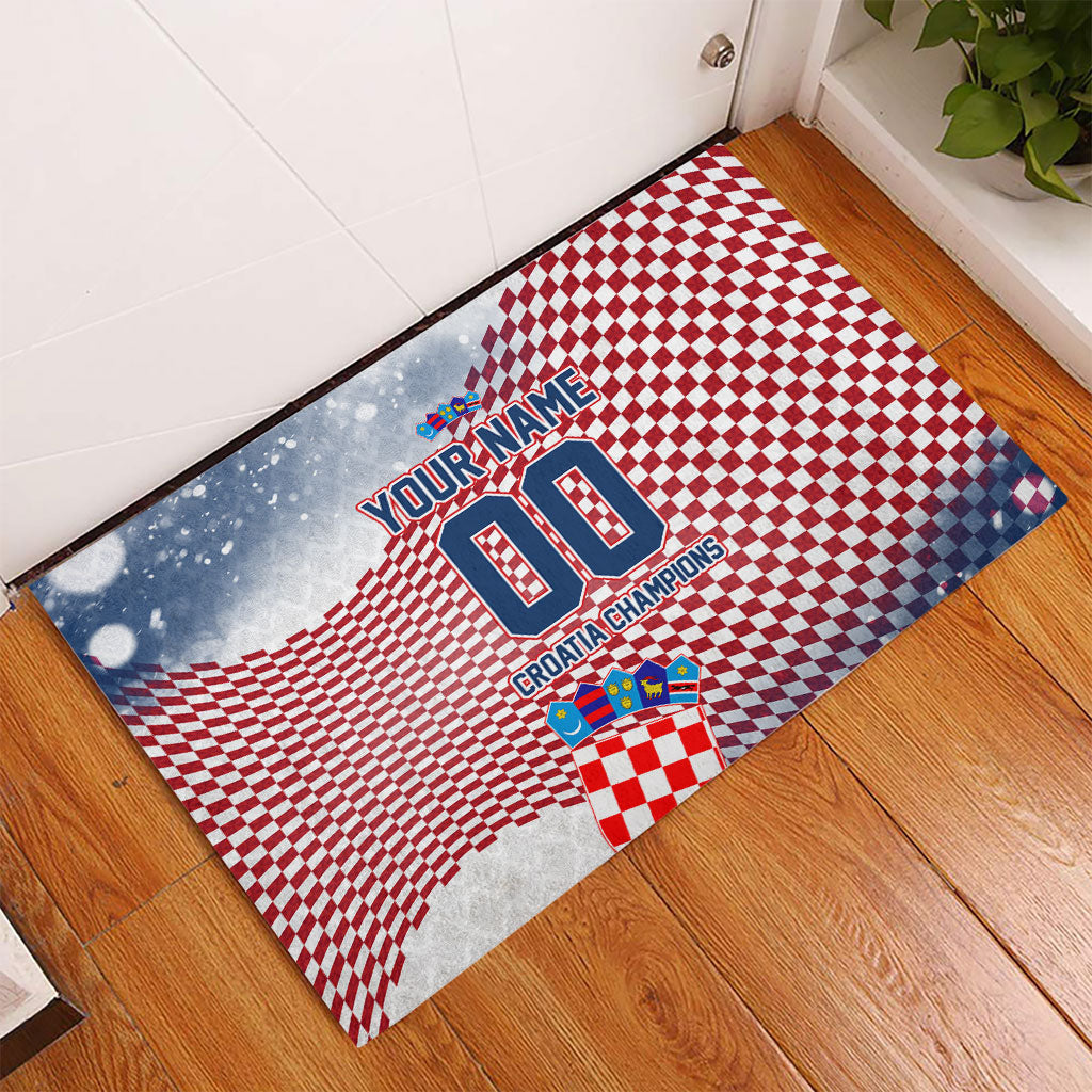 Personalized Croatia Football Eagle Mascot Rubber Doormat Checkerboard Pattern - Accent Splatters