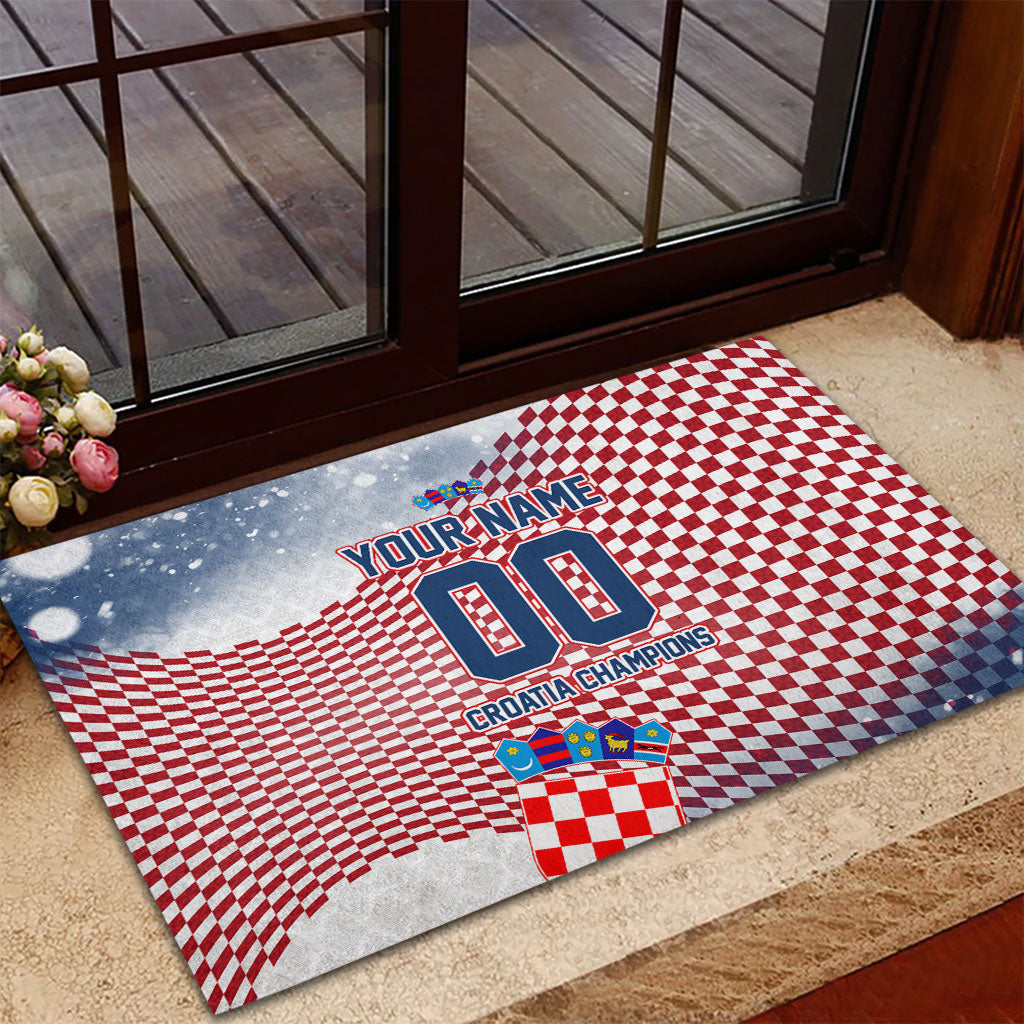 Personalized Croatia Football Eagle Mascot Rubber Doormat Checkerboard Pattern - Accent Splatters