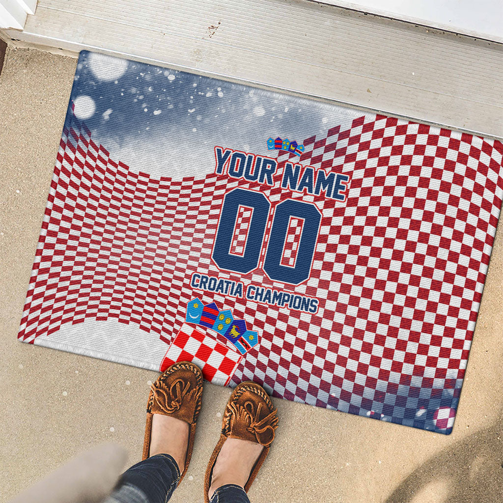 Personalized Croatia Football Eagle Mascot Rubber Doormat Checkerboard Pattern - Accent Splatters