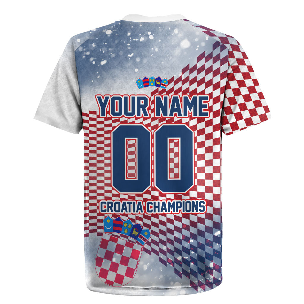 Personalized Croatia Football Eagle Mascot Rugby Jersey Checkerboard Pattern - Accent Splatters