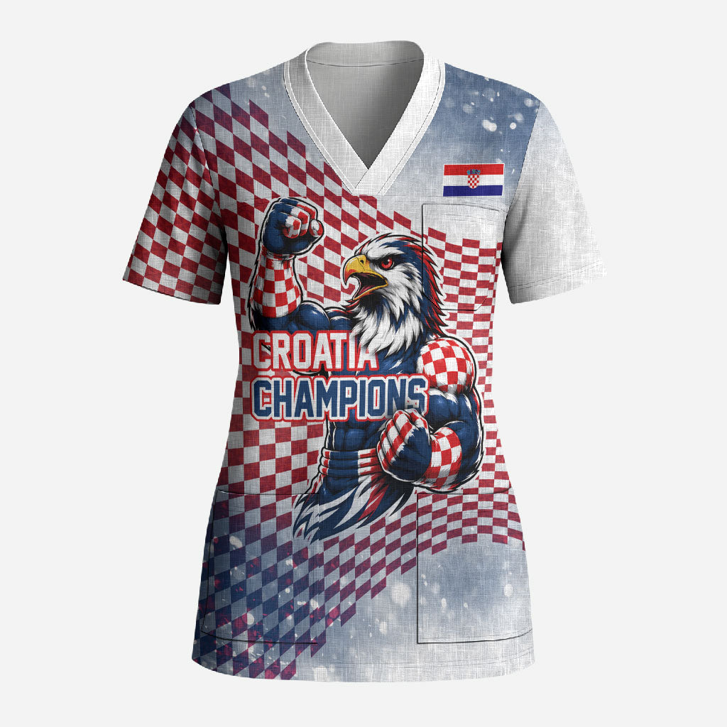 Personalized Croatia Football Eagle Mascot Scrub Top Checkerboard Pattern - Accent Splatters