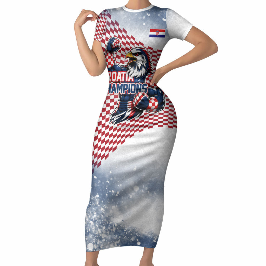 Personalized Croatia Football Eagle Mascot Short Sleeve Bodycon Dress Checkerboard Pattern - Accent Splatters