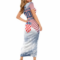 Personalized Croatia Football Eagle Mascot Short Sleeve Bodycon Dress Checkerboard Pattern - Accent Splatters