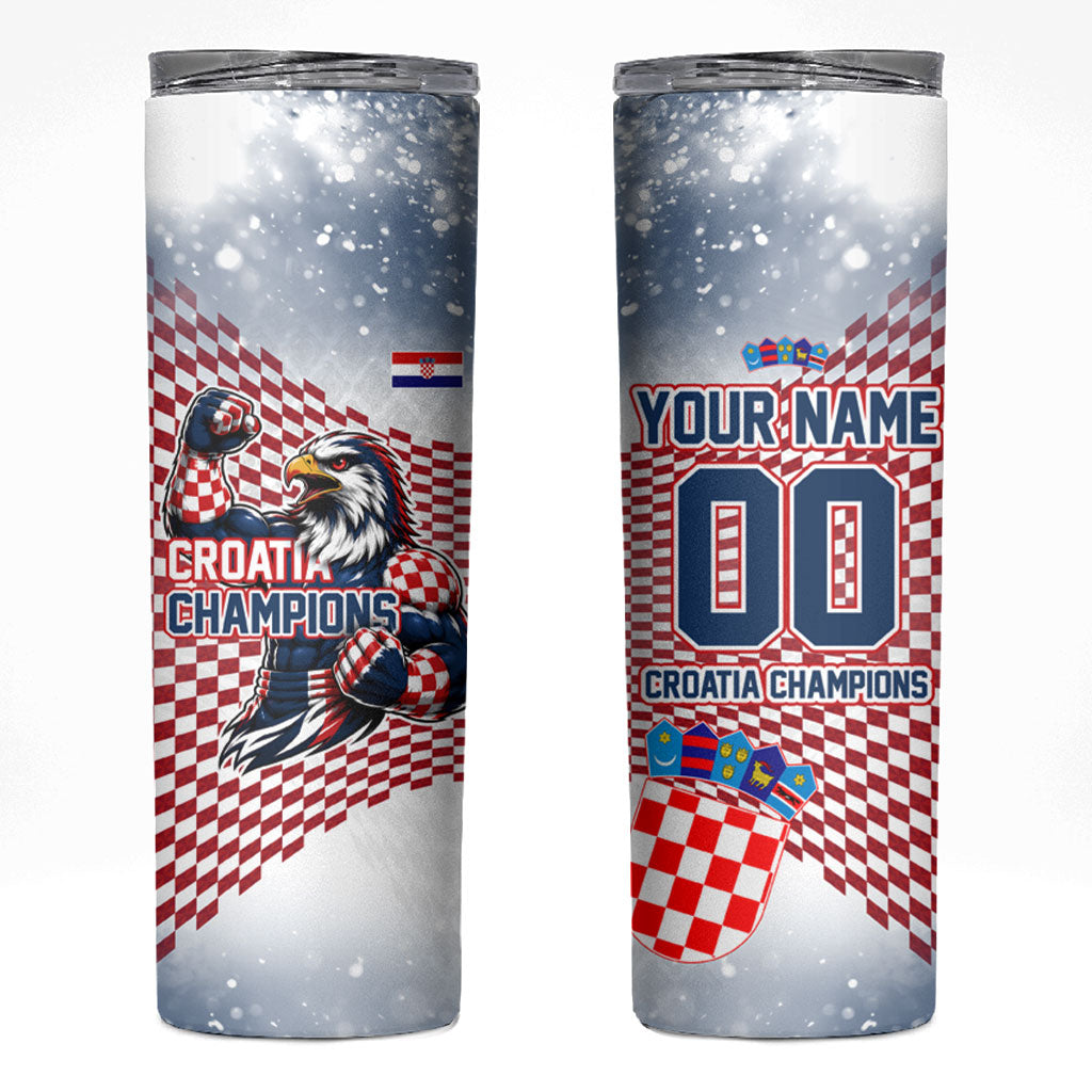 Personalized Croatia Football Eagle Mascot Skinny Tumbler Checkerboard Pattern - Accent Splatters