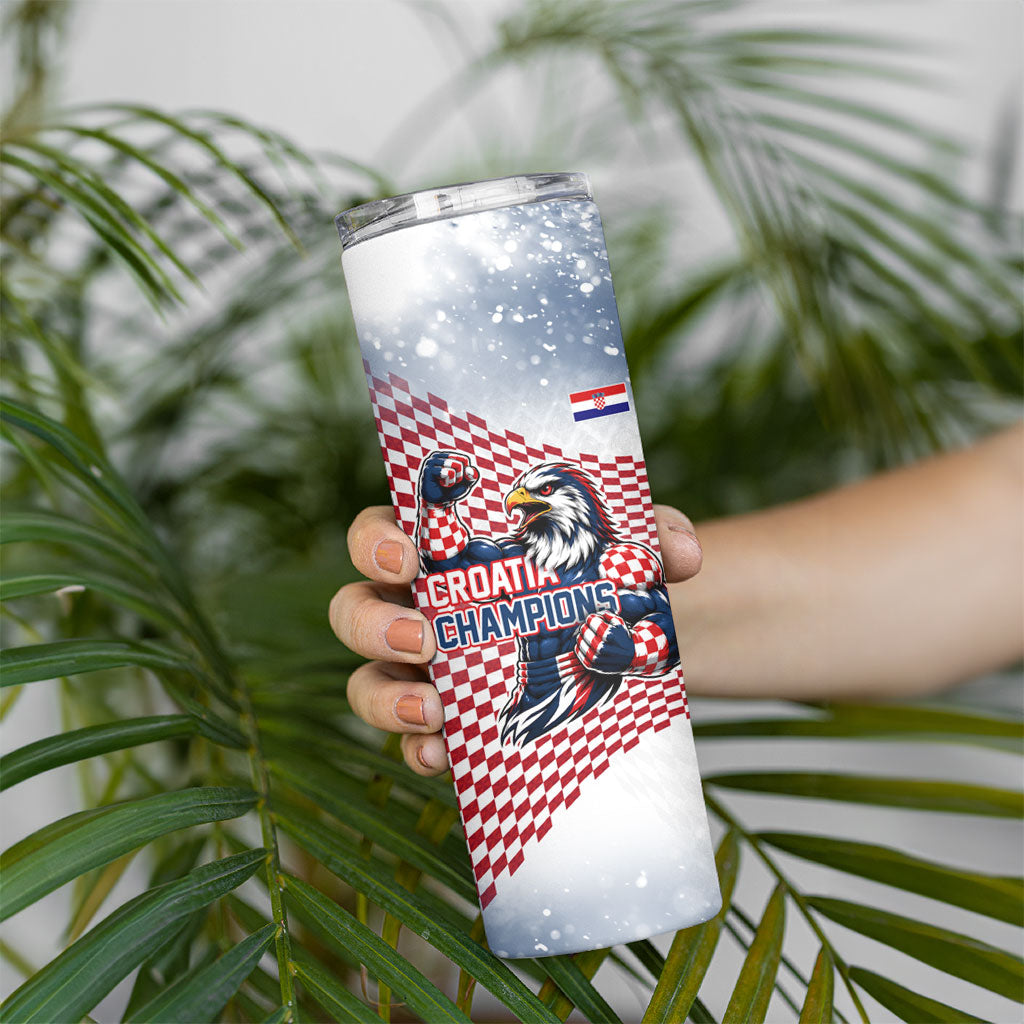 Personalized Croatia Football Eagle Mascot Skinny Tumbler Checkerboard Pattern - Accent Splatters