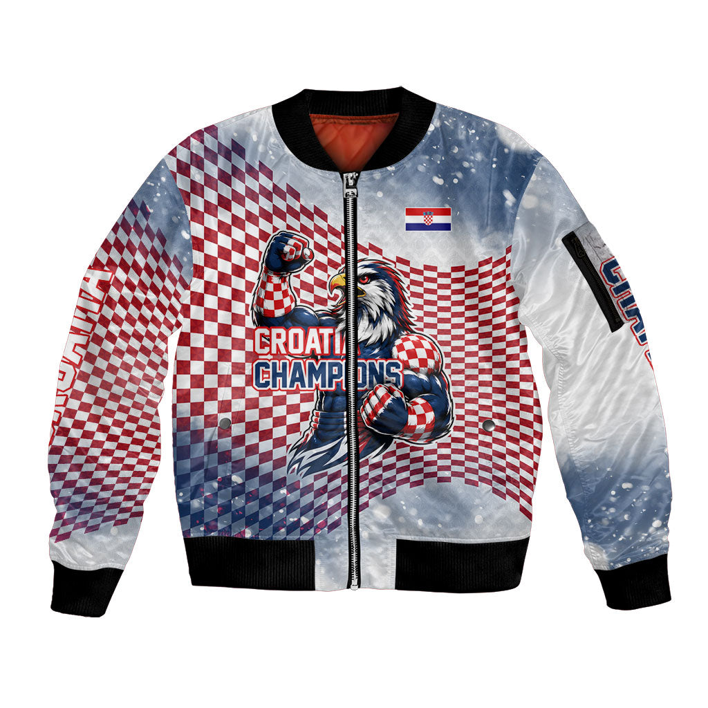Personalized Croatia Football Eagle Mascot Sleeve Zip Bomber Jacket Checkerboard Pattern - Accent Splatters