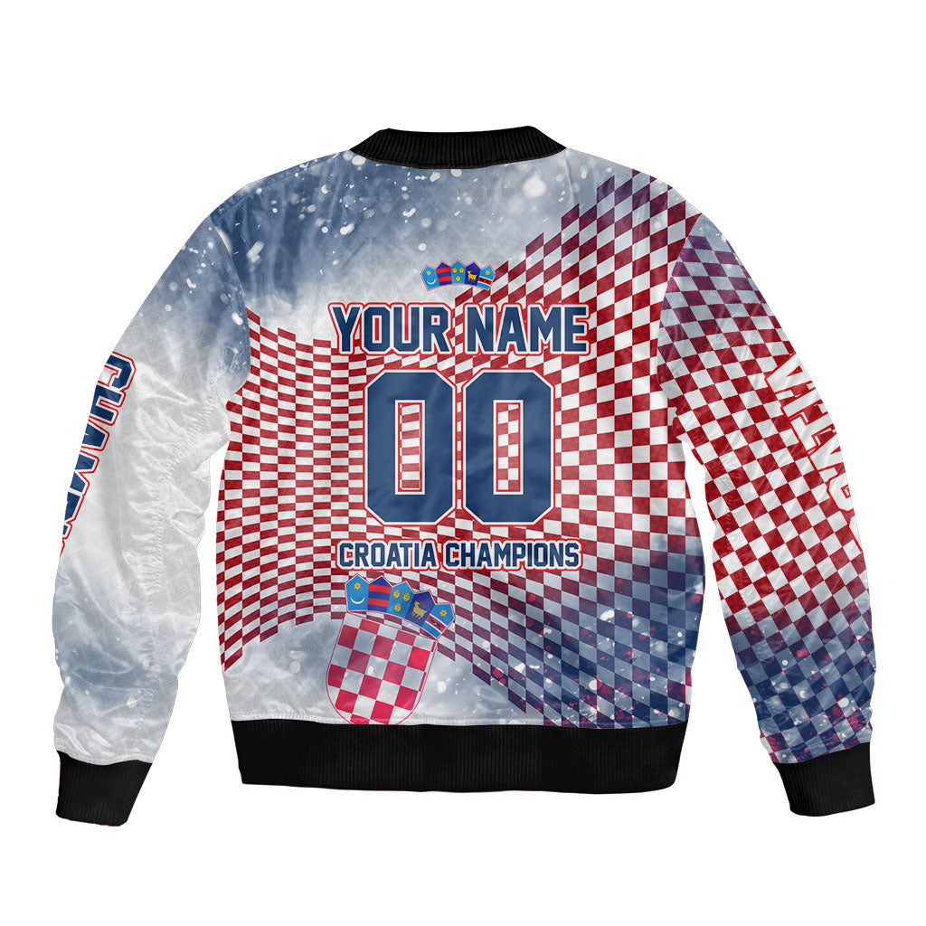 Personalized Croatia Football Eagle Mascot Sleeve Zip Bomber Jacket Checkerboard Pattern - Accent Splatters