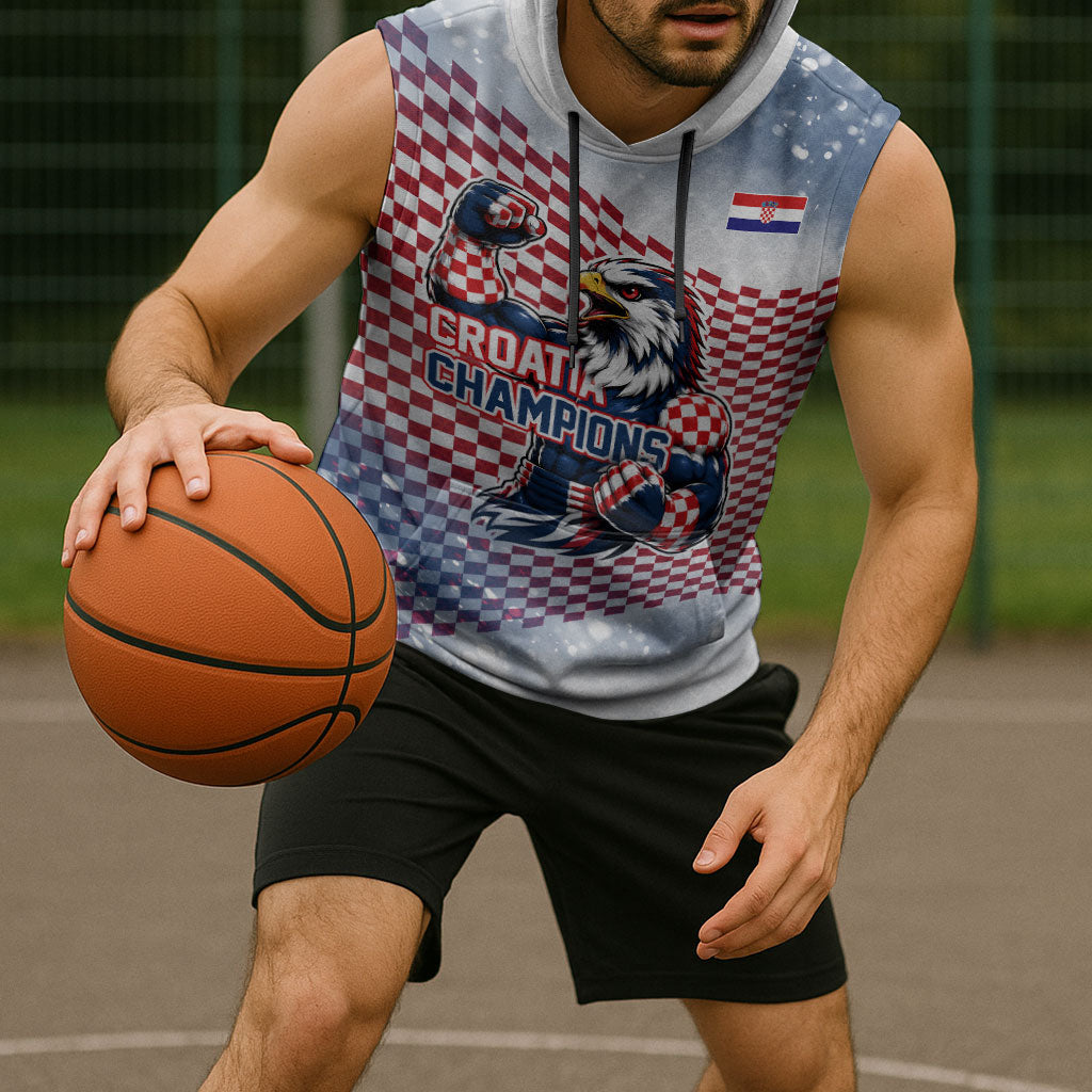 Personalized Croatia Football Eagle Mascot Sleeveless Hoodie Checkerboard Pattern - Accent Splatters