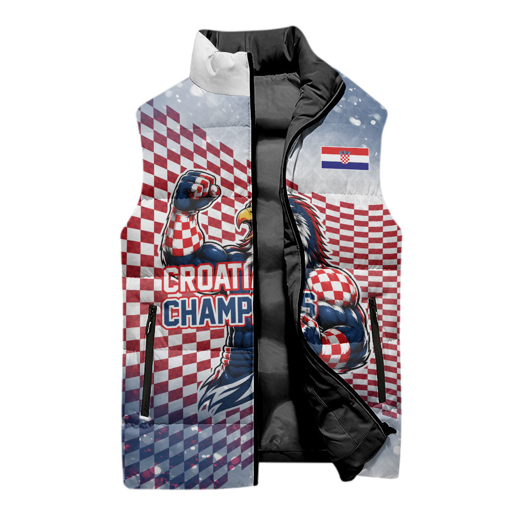 Personalized Croatia Football Eagle Mascot Sleeveless Puffer Jacket Checkerboard Pattern - Accent Splatters