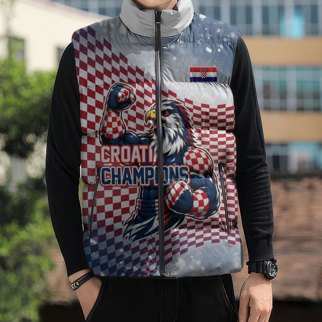 Personalized Croatia Football Eagle Mascot Sleeveless Puffer Jacket Checkerboard Pattern - Accent Splatters