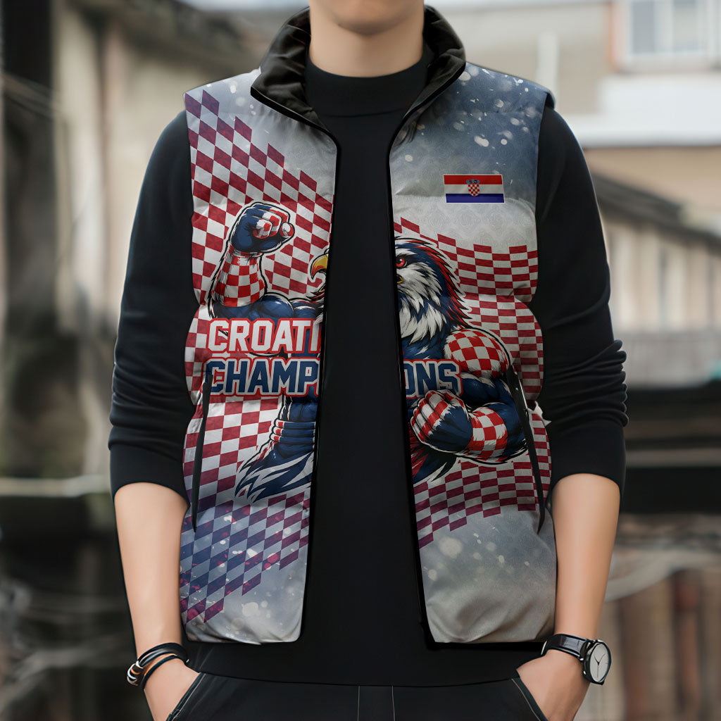 Personalized Croatia Football Eagle Mascot Sleeveless Puffer Jacket Checkerboard Pattern - Accent Splatters