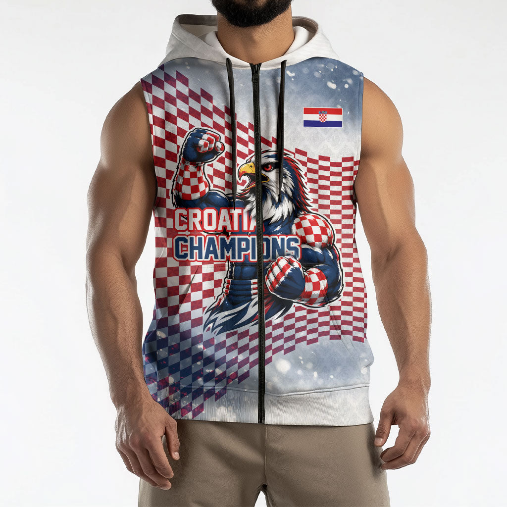 Personalized Croatia Football Eagle Mascot Sleeveless Zip Hoodie Checkerboard Pattern - Accent Splatters