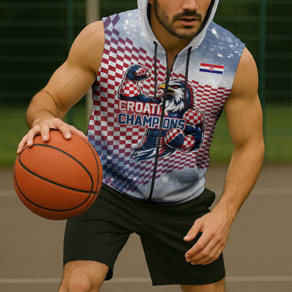Personalized Croatia Football Eagle Mascot Sleeveless Zip Hoodie Checkerboard Pattern - Accent Splatters