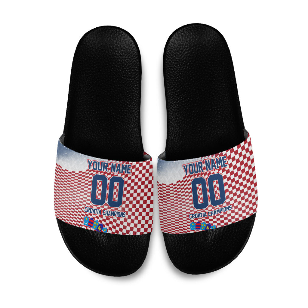 Personalized Croatia Football Eagle Mascot Slide Sandals Checkerboard Pattern - Accent Splatters