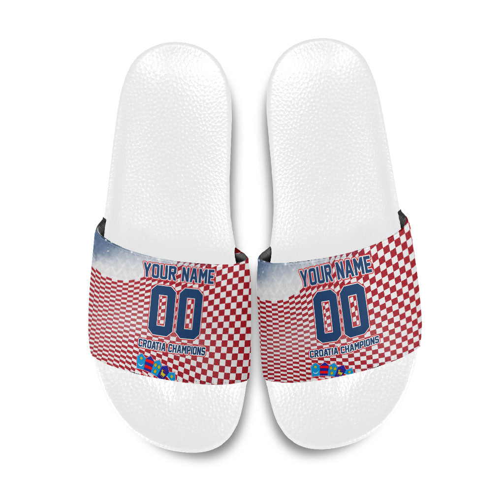 Personalized Croatia Football Eagle Mascot Slide Sandals Checkerboard Pattern - Accent Splatters